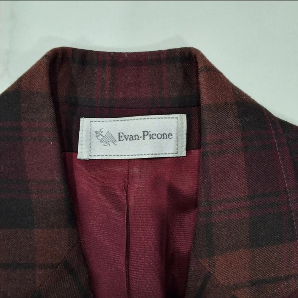 Evan Picone~Womens VTG 70s~Union Made Blazer Sportcoat~Burgundy Plaid~Wool~SM - Picture 2 of 9